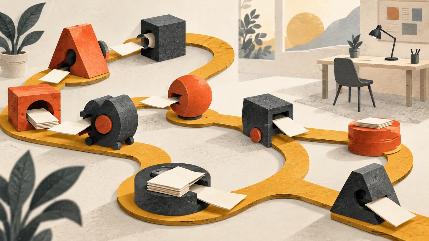 Illustration of independent geometric mechanisms passing paper tasks along branching amber tracks.