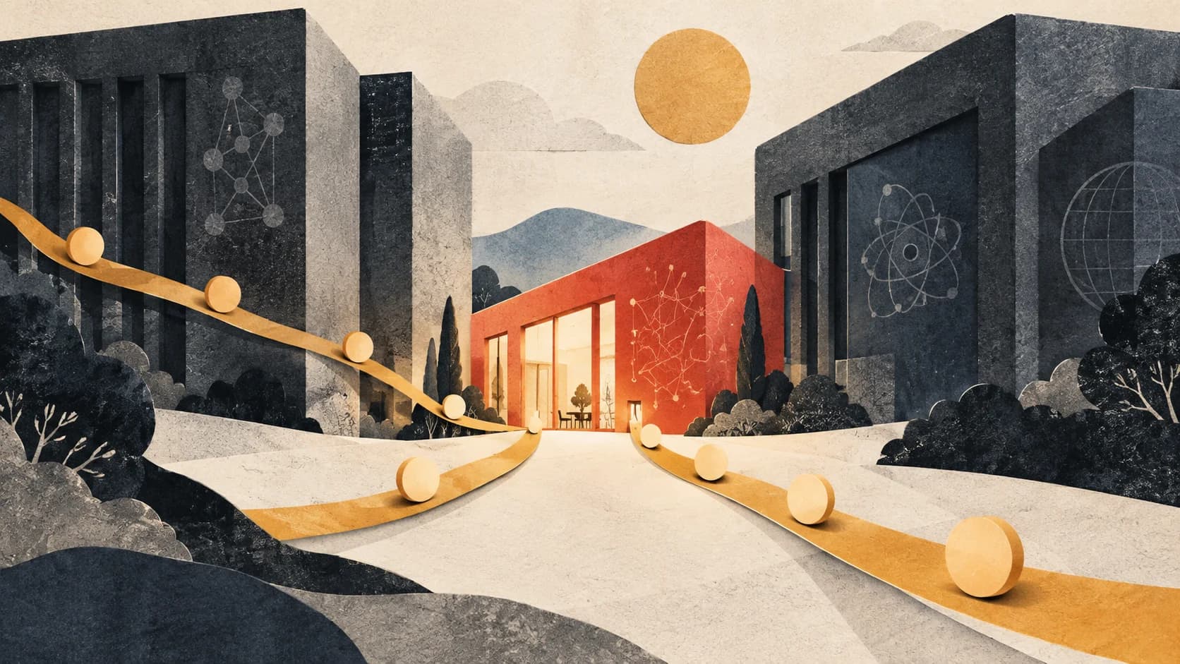 Paper-cut illustration of amber paths carrying capital toward a small coral research venture between larger buildings.