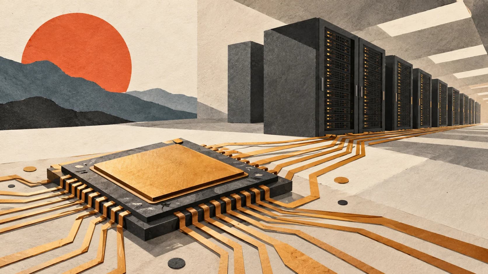 Paper-cut illustration of an amber microchip with circuit paths extending into a row of data-center cabinets.