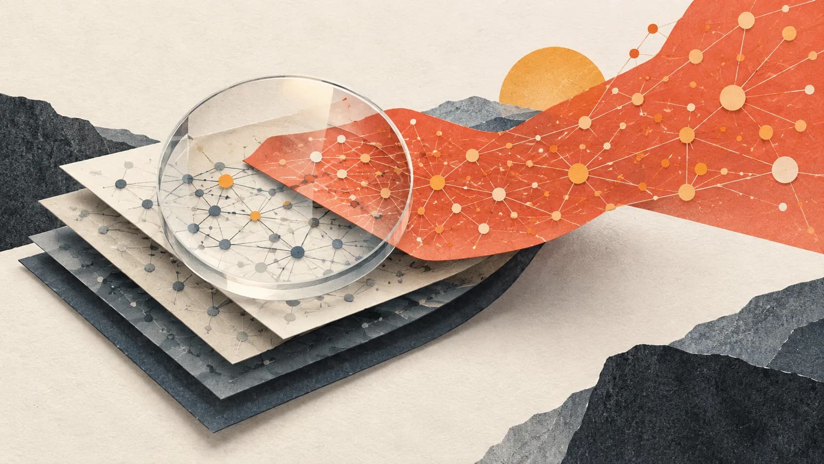 Illustration of a transparent lens revealing connected networks across layers of paper.