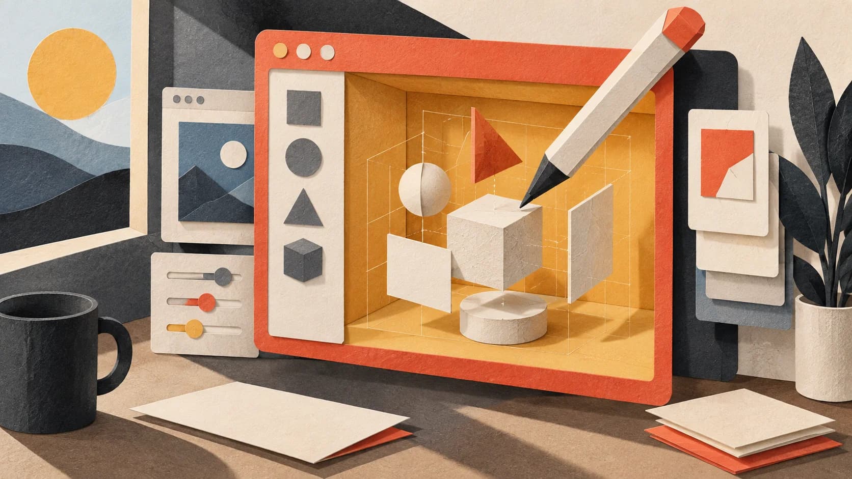Paper-cut illustration of a coral software window opening into a three-dimensional drafting space.