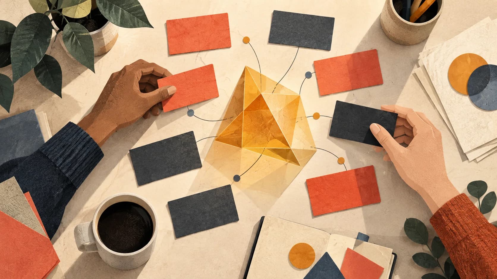 Illustration of two anonymous hands arranging task cards around an amber tool on a shared desk.